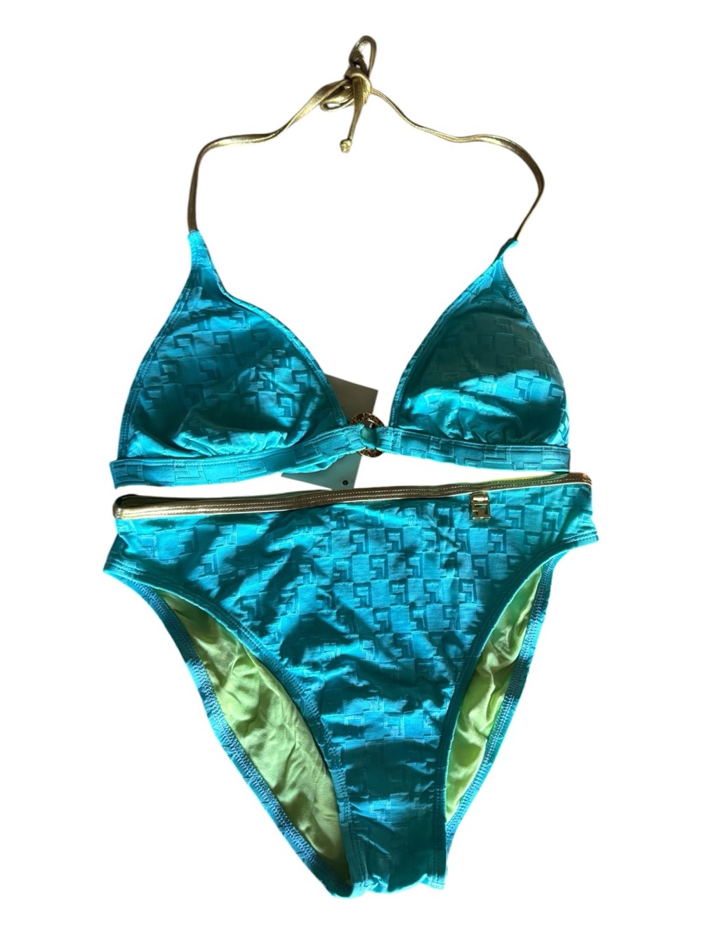 St. John Turquoise Halter Bikini with Gold Accents Sz 10